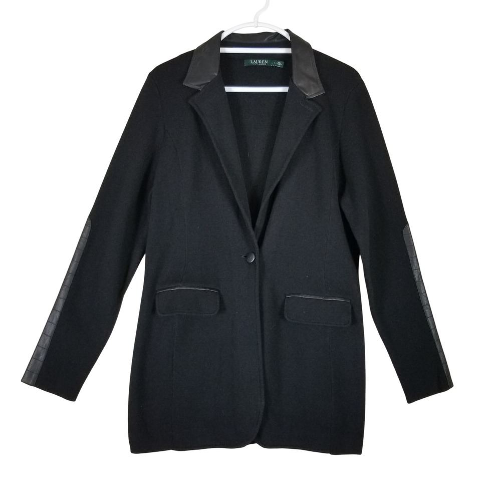 Lauren Ralph Lauren Blazer Women Large Black Faux Leather Trim Knit Jacket